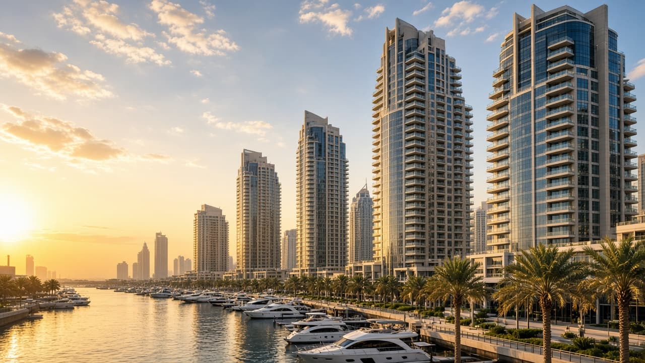 Dubai waterfront residential towers at golden hour
