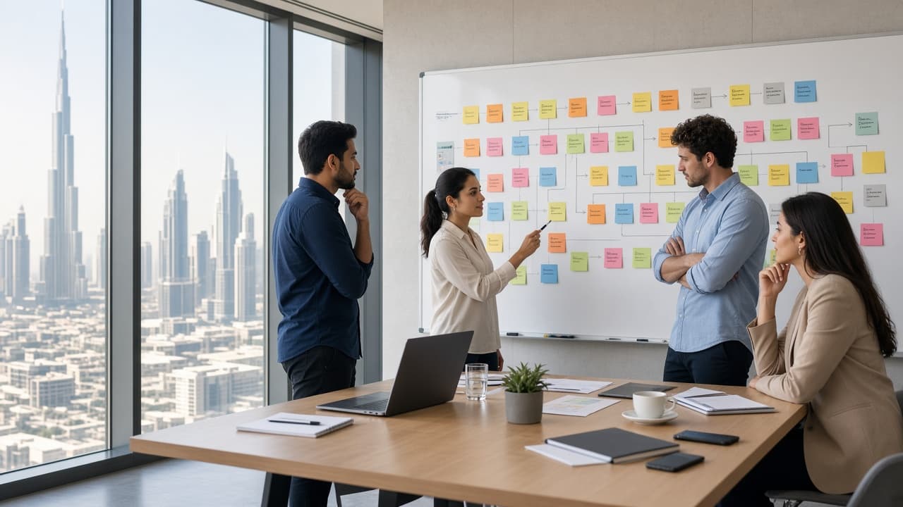 Founders and consultants collaborating in a Dubai office