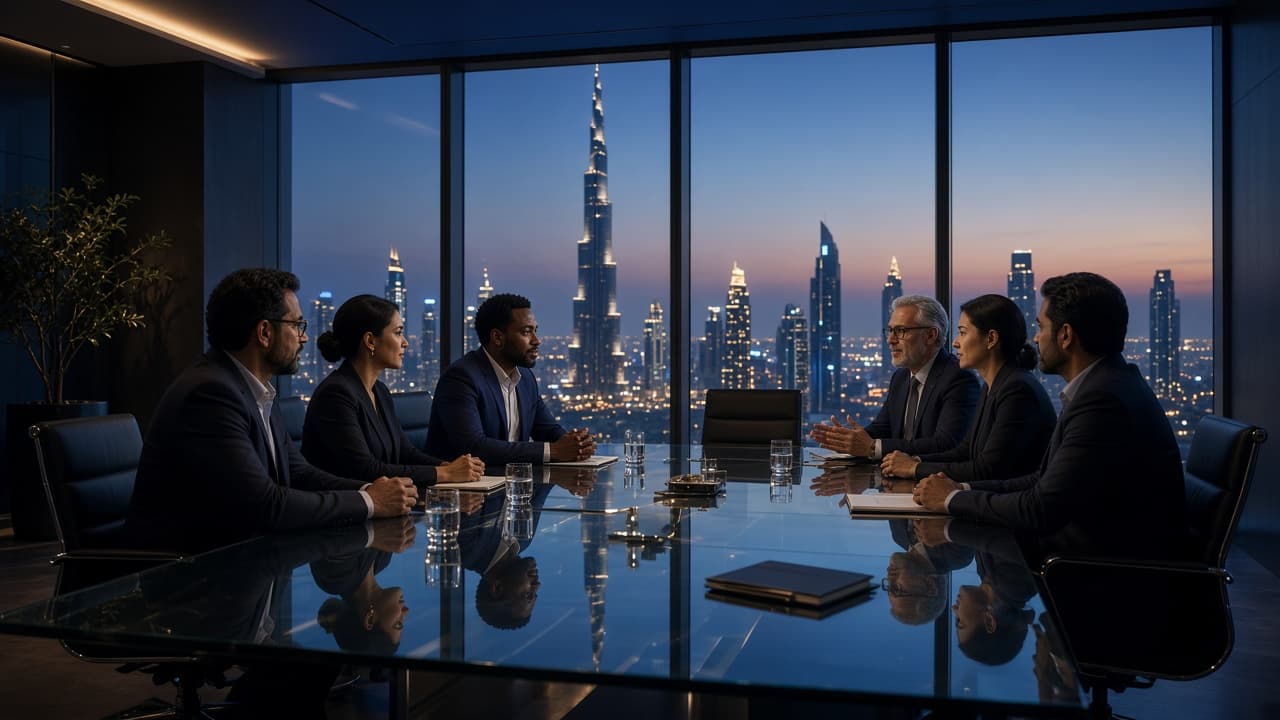 Dubai boardroom overlooking the city skyline