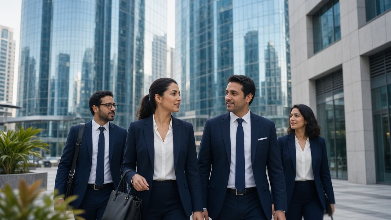 Professionals walking through Dubai DIFC district